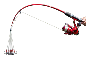 Fishing rod with red reel bent under strain with numerous lures attached transparent background