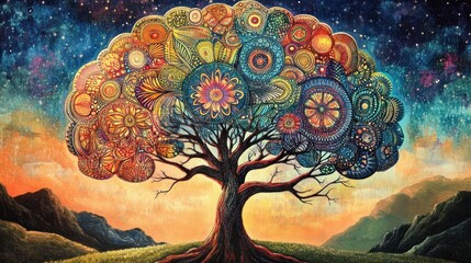 A vibrant tree of life, intricately designed with swirling patterns and cosmic background evokes a