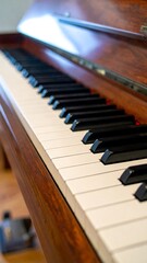 Close-up of piano keys.  Wooden case
