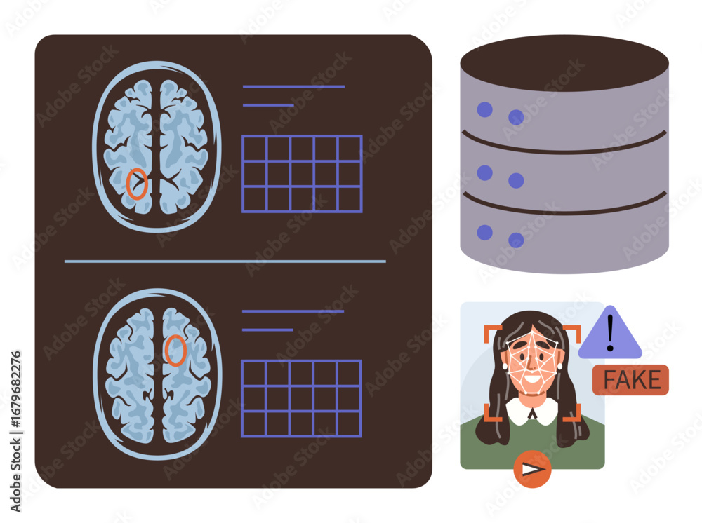 Poster brain scans with highlighted regions, data grid overlay, server stack, and deepfake warning highligh