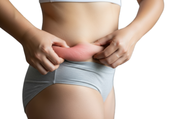 Woman pinching excess body fat on her waistline a common concern for weight management transparent background