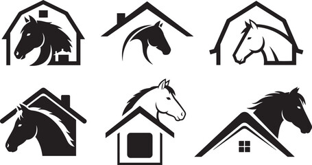 Horse Barn House Logo Set, Farm Stable Animal Silhouette, Ranch Livestock Emblem, Equine Home Symbol Vector Illustration