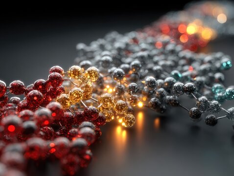 Abstract molecular structure, glowing spheres connected by lines