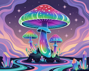 Psychedelic Rainbow Mushrooms and Crystals trippy fantasy