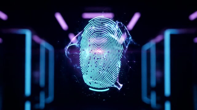 A glowing, digital fingerprint design overlaid on a server room backdrop. - Powered by Adobe