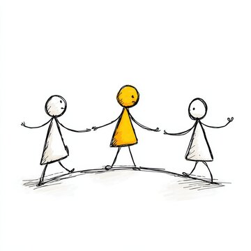 three stick figures show mediation in action with one helping the others resolve disputes through calm communication
