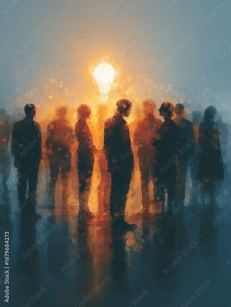 Poster abstract image showcasing a group of silhouettes with a glowing lightbulb symbolizing innovation and