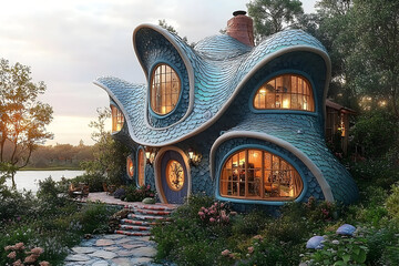 A whimsically-shaped house with a blue shingled roof surrounded by lush greenery and a meandering stone pathway