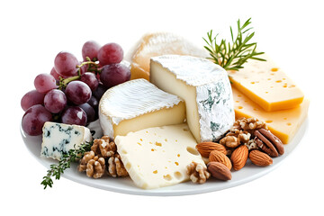Exquisite cheese board featuring grapes, nuts, and artisanal cheeses, perfect for gourmet occasions, isolated on transparent background