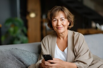 Smiling mature asian woman relaxing on couch holding smartphone