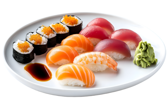 Delicious sushi platter with salmon, tuna, shrimp, and roe for culinary enjoyment, isolated on transparent background