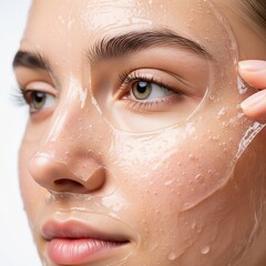 Three-quarter view close-up portrait of a young woman in a film facial mask, highlighting textured skin and bright, even illumination in a square format.
