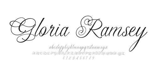Gloria Ramesy Signature Font Uppercase Lowercase And Number. Script Font Calligraphy Logotype  elegant Font Type Font lettering handwritten. vector illustration  
