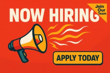 NOW HIRING and APPLY TODAY recruitment banner, vibrant graphic style, enticing job opportunity promotion.