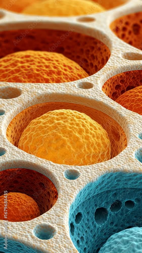 Poster cell structure microscopic pattern porous texture orange sphere blue matrix abstract biology macro 3