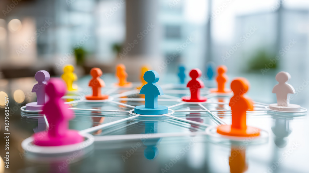 Poster colorful network of interconnected figures symbolizing teamwork and collaboration in a modern office