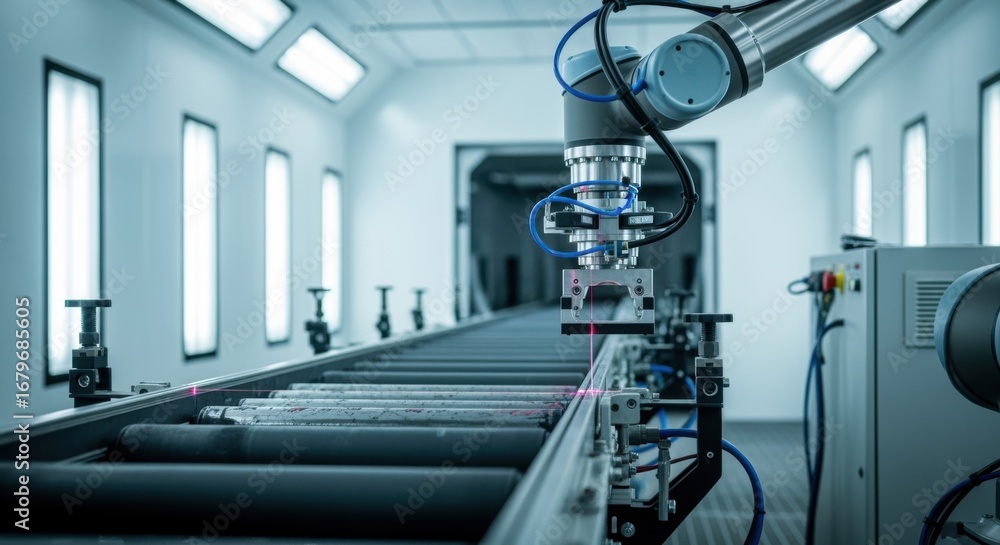 Poster robotic system calibrating conveyor alignment for automotive paint booth installation demonstrating 