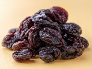 Close-up of a pile of dark, wrinkled raisins on a soft yellow background, showcasing texture and natural sweetness.