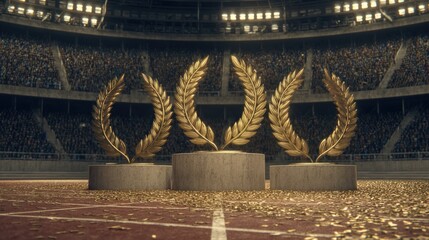 Fototapeta premium Golden laurel wreaths on podiums in a stadium