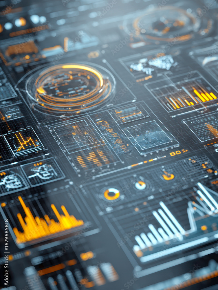 Poster advanced futuristic data analysis interface displaying dynamic graphs, charts, and holographic eleme