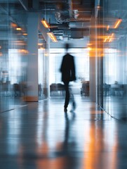 blurred image of person walking in bright modern office space with lights capturing dynamic motion within an openplan environment filled with natural reflections