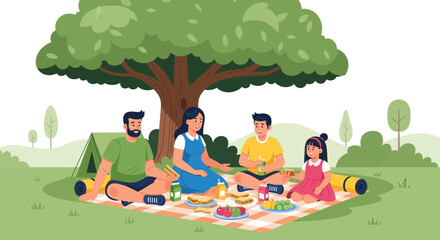 Naklejka premium Family Fun Picnic Under An Expansive Tree On A Beautiful Sunny Day Full Of Food