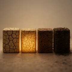 Soil in Stages: An artistic close-up showcases soil samples in different developmental stages, each block exhibiting unique textures and hues.