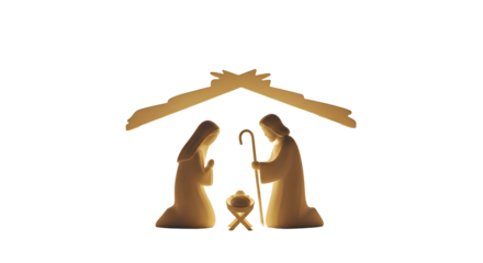 Christmas nativity scene with mary and joseph kneeling beside baby jesus in a manger, isolated on white background