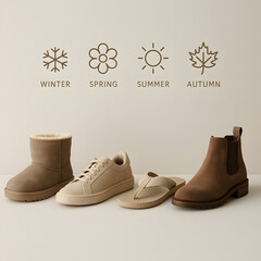 Seasonal Footwear: A visually appealing display of footwear for different seasons, representing the distinct needs and styles for winter, spring, summer, and autumn, perfect for style guide.
