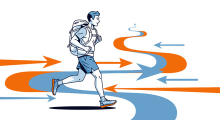 Obraz premium Energetic Hiker Making Progress Toward The Destination With Directional Guides