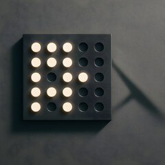 Illuminated Digital Display: A modern minimalist, black square with lit circles creating a digital display, casting shadows that reveal a contemporary aesthetic.