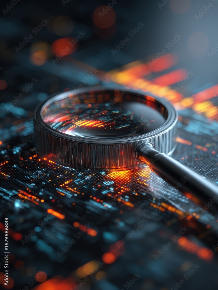 Aufkleber magnifying glass over digital data highlighting information and technology trends warm glow of data 