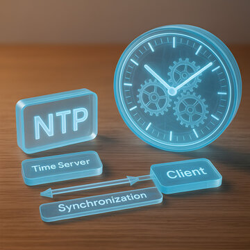 Time Synchronization Concept: An illustration showcasing the NTP time synchronization process, with clear labels for key components like the clock, time server and client.