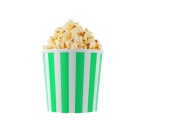 Delicious popcorn, classic box, classic paper cup with Green stripe, isolated on white background close-up