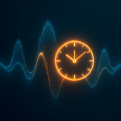 Time Wave: Captivating the essence of temporal concepts with a vibrant blend of time and energy, as the radiant clock face pulses amidst dynamic wave patterns.