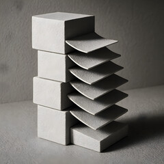 Abstract Architectural Structure: A visually striking minimalist composition of geometric concrete blocks and layered panels, capturing a sense of architectural design and modern aesthetics.