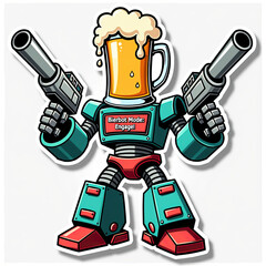 Beer mug robot transformation, cartoon sticker, retro pop-art-