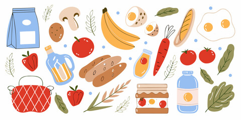 A vibrant collection of fresh food items and groceries arranged in a playful illustrative style