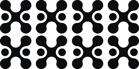 Abstract geometric pattern with interconnected rounded shapes and circles in black and white