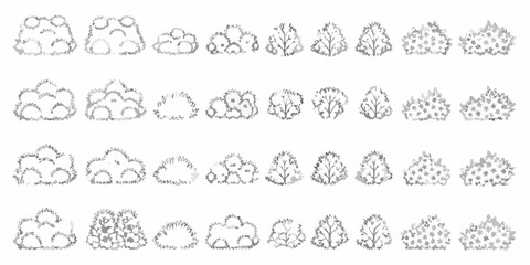 Collection of hand drawn stylized bushes and trees in various shapes and sizes for landscaping design