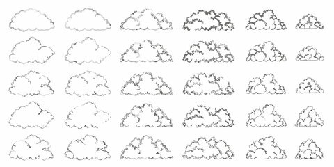 Collection of hand drawn cumulus clouds in various styles and textures