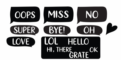 Collection of black speech bubbles with various words and a heart symbol on a white background