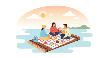 Friends Enjoying A Picnic On A Raft Surrounded By The Serene Waterscape