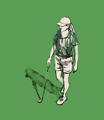 Color illustration, graphic, hand drawn ink sketch of a female golfer walking on the field with a club, top view, on a green field background. High quality photo