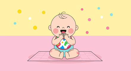 Excited Baby Smiling With Joy Gesturing Hands, Illustration Of Happy Child On Pink Mat