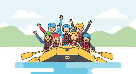 Fototapeta premium Excited Rafting Team: Adventures and Fun on the River with Happy People