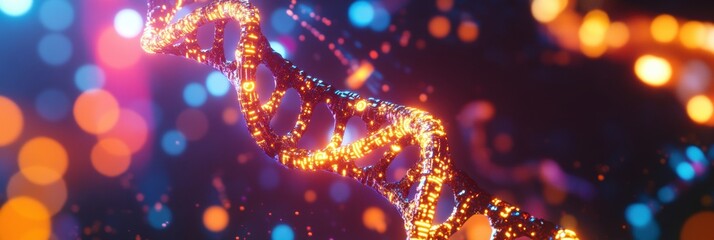 Visual representation of a glowing DNA strand amidst colorful background lights illustrating genetic structure and composition
