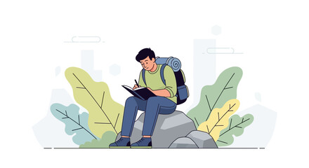 Explorer Sitting And Writing In Nature Surrounded By Plants With A Backpack Resting
