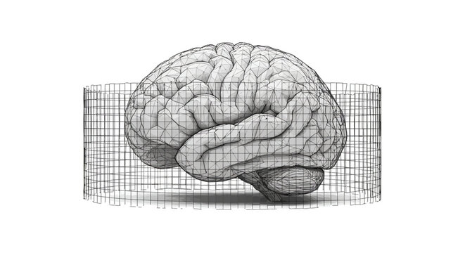 Wireframe human brain model with geometric grid design