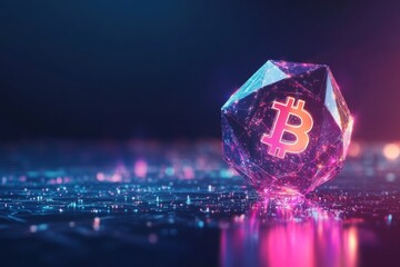 Brightly lit geometric cryptocurrency symbol glowing in a digital landscape with vibrant colors and intricate details during a futuristic setting